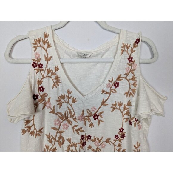 Lucky Brand S Floral Embroidered Tee Shirt Top Cut Off Open Sleeves Boho Hippie - Picture 4 of 10